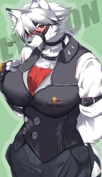 1girl absurdres animal_ears arm_behind_back black_vest blush body_fur breasts buttons character_name eyepatch fingerless_gloves formal furry furry_female genderswap genderswap_(mtf) gloves green_background hair_between_eyes highres large_breasts nose_blush pants pocket_watch red_eyes short_sleeves snout solo squiggle sweatdrop vest von_lycaon wakabaysihitosi watch white_fur white_hair wolf_ears wolf_girl zenless_zone_zero