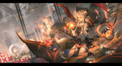 Rule 34 | 1girl, arknights, black dress, blonde hair, book, chinese commentary, commentary request, dress, fire, highres, horns, ifrit (arknights), kneeling, letterboxed, lin nulixiulian, low twintails, material growth, orange eyes, oripathy lesion (arknights), pencil dress, rhine lab logo, short dress, short hair, short sleeves, smile, solo, striped clothes, striped dress, thighs, twintails, vertical-striped clothes, vertical-striped dress