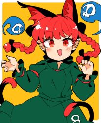 Rule 34 | animal ear fluff, animal ears, blush, bow, braid, cat ears, cat tail, dress, extra ears, fangs, fingernails, ghost, green dress, ini (inunabe00), kaenbyou rin, multiple tails, nekomata, orange background, pointy ears, red eyes, red hair, sharp fingernails, simple background, skull, slit pupils, smile, solo, subterranean animism, tail, touhou, tsurime, twin braids