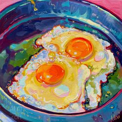 Rule 34 | alaiganuza, artist name, chromatic aberration, egg (food), egg yolk, food, food focus, fried egg, frying pan, highres, no humans, oil painting (medium), original, painting (medium), signature, traditional media, watermark