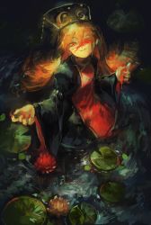 Rule 34 | 1girl, absurdres, black dress, blood, blood on face, blood on hands, chinese clothes, dark, dress, evil grin, evil smile, grin, hat, highres, junko (touhou), lily pad, long sleeves, looking at viewer, nail polish, nazoko, orange hair, partially submerged, red eyes, red nails, smile, solo, tabard, touhou, water, wide sleeves