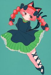 Rule 34 | 1girl, absurdres, animal ear fluff, animal ears, arms behind back, black bow, blunt bangs, blush, booonyanyanya, bow, braid, cat ears, cat tail, dress, footwear bow, frills, green background, green dress, highres, kaenbyou rin, leg ribbon, multiple tails, red eyes, red hair, ribbon, simple background, solo, tail, touhou, twin braids, two tails