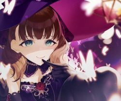 Rule 34 | 1girl, black gloves, blurry, blurry foreground, bug, butterfly, depth of field, detached collar, dress, earrings, finger to mouth, gloves, glowing butterfly, green eyes, hat, highres, idolmaster, idolmaster cinderella girls, insect, jewelry, knees up, koyo akio, looking at viewer, purple hat, sakuma mayu, sleeveless, sleeveless dress, smile, solo, white butterfly, witch, witch hat