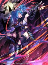 Rule 34 | 1girl, armpits, bat (animal), blue hair, boots, breasts, cape, cleavage, cloud, fingerless gloves, fire emblem, fire emblem cipher, fire emblem fates, gloves, hair over one eye, kousei horiguchi, moon, multicolored hair, night, night sky, ninja, nintendo, official art, open mouth, peri (fire emblem), pink eyes, pink hair, shuriken, sky, solo, sparkling eyes, teeth, thighhighs, twintails, two-tone hair, weapon