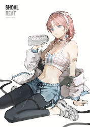 Rule 34 | 1girl, arknights, arm support, bare shoulders, black pants, blue eyes, blue poison (arknights), blue poison (shoal beat) (arknights), blue shorts, bottle, braid, breasts, choker, cleavage, closed mouth, copyright name, crop top, hair ribbon, highres, holding, jacket, leggings, lococo:p, long hair, looking at viewer, medium breasts, midriff, navel, off shoulder, official alternate costume, open clothes, open jacket, pants, pink hair, ribbon, shirt, shoes, short shorts, shorts, sitting, sleeveless, sleeveless shirt, sneakers, solo, stomach, twin braids, wariza, wet, white choker, white footwear, white jacket, white shirt