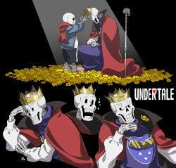 Rule 34 | 2boys, black background, black shorts, blue jacket, bone, brothers, cape, cel shading, cloak, closed eyes, collared cloak, commentary request, copyright name, cropped torso, crown, flower, full body, grin, highres, holding, holding flower, jacket, jewelry, kamezaemon, long sleeves, male focus, multiple boys, multiple views, necklace, on one knee, open clothes, open jacket, open mouth, papyrus (undertale), pink footwear, purple robe, red cape, red cloak, robe, sans (undertale), scepter, shirt, shorts, siblings, simple background, skeleton, skull, slippers, smile, socks, solid oval eyes, spotlight, standing, undertale, upper body, white shirt, white socks, yellow flower