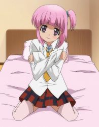 Rule 34 | 1girl, ami (idol kouhosei), bed, highres, idol kouhosei, pink hair, school uniform, solo, thighhighs, white thighhighs