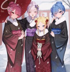 1boy 4girls animal_ears aorichu beatrice_(re:zero) blonde_hair blue_eyes blue_hair blush cat cat_ears cat_tail elf emilia_(re:zero) flower fur_trim hair_between_eyes hair_bun hair_flower hair_ornament hair_over_one_eye japanese_clothes kimono looking_at_viewer multiple_girls new_year peace_symbol pink_hair pointy_ears ram_(re:zero) re:zero_kara_hajimeru_isekai_seikatsu red_eyes rem_(re:zero) snow snowing tail umbrella white_hair winter yukata