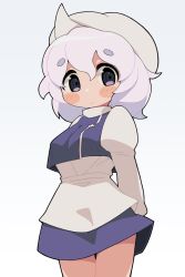 Rule 34 | 1girl, apron, arms behind back, black outline, blue skirt, blue vest, blush, blush stickers, chibi, closed mouth, hair between eyes, hat, highres, letty whiterock, looking at viewer, outline, purple eyes, shirt, short hair, sidelocks, simple background, skirt, solo, touhou, ugif, vest, white apron, white background, white hair, white hat, white shirt