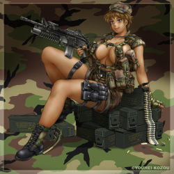 Rule 34 | 1girl, aai corporation, absurdres, airtronic usa, ammunition, ammunition box, artist name, assault rifle, blonde hair, boots, border, breasts, breasts out, brown eyes, bullet, camouflage, camouflage background, colt&#039;s manufacturing company, colt defense, curvy, diemaco, fatigues, fingerless gloves, gloves, grenade launcher, gun, highres, huge breasts, knight&#039;s armament company, large areolae, large breasts, lewis machine and tool company, looking at viewer, m16, m203, machine gun, military, military vest, nipples, phaia, puffy nipples, rifle, rm equipment, short hair, smile, solo, spunky knight, thigh strap, trigger discipline, u.s. ordnance, underbarrel grenade launcher, vest, weapon, youhei kozou