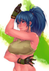 Rule 34 | 1girl, black gloves, blue eyes, blue hair, breasts, crop top, earrings, covered erect nipples, fighting stance, gloves, hifumi (art sky littel), jewelry, large breasts, leona heidern, lips, long hair, matching hair/eyes, midriff, nose, ponytail, solo, the king of fighters