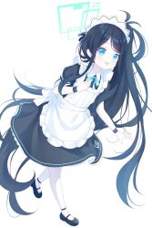 Rule 34 | 1girl, absurdly long hair, apron, aris (blue archive), aris (maid) (blue archive), black dress, black footwear, black hair, blue archive, blue eyes, blush, closed mouth, dress, frilled apron, frills, full body, green halo, halo, highres, long hair, maid, maid apron, maid headdress, official alternate costume, one side up, pantyhose, shoes, short sleeves, simple background, smile, solo, tongue, tongue out, very long hair, white apron, white background, white pantyhose, yottacc