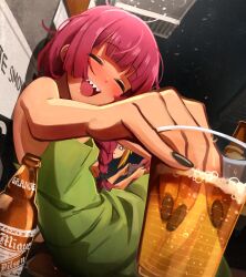 Rule 34 | 3girls, :d, = =, absurdres, alcohol, beer, black nails, blonde hair, blush, bocchi the rock!, bottle, braid, closed eyes, commentary, cup, dress, green dress, highres, hiroi kikuri, holding, holding clothes, holding cup, holding panties, holding underwear, ijichi seika, indoors, khyle., multiple girls, nail polish, open mouth, panties, purple hair, sharp teeth, smile, teeth, underwear