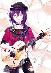 Rule 34 | 1girl, bad id, bad pixiv id, bang dream!, black choker, black gloves, black neckerchief, black pantyhose, choker, commentary request, desk, electric guitar, gloves, gold trim, guitar, hair between eyes, hair over shoulder, half gloves, hat, holding, holding instrument, instrument, layered sleeves, long hair, looking at viewer, low tied hair, miniskirt, minori (faddy), music, neckerchief, pantyhose, parted lips, peaked cap, plaid, plaid skirt, playing instrument, purple hair, purple shirt, red eyes, sailor collar, school desk, seta kaoru, shirt, skirt, solo, star (symbol), star print, torn clothes, torn pantyhose, v-shaped eyebrows