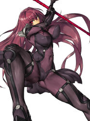 Rule 34 | 1girl, armor, armored boots, ass, bodysuit, boots, breasts, covered navel, covered erect nipples, fate/grand order, fate (series), gae bolg (fate), high heels, holding, holding weapon, huge breasts, long hair, looking at viewer, melon22, polearm, purple bodysuit, purple hair, red eyes, scathach (fate), scathach (fate), solo, spear, weapon, white background