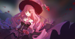 Rule 34 | 1girl, black dress, blurry, blurry foreground, breasts, collarbone, dress, dywx poison, hat, long hair, medium breasts, one piece, perona, pink hair, pink hat, red eyes, red lips, sleeveless, sleeveless dress, solo, strapless, strapless dress, very long hair, witch hat