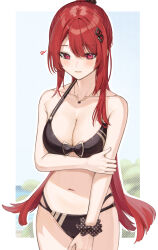 Rule 34 | 1girl, arm under breasts, bare shoulders, bikini, black bikini, blush, bow, bow bikini, breasts, cleavage, closed mouth, collarbone, commentary request, cowboy shot, embarrassed, hair between eyes, hair ornament, hair scrunchie, hairclip, halterneck, hu kotora, jewelry, large breasts, long hair, looking at viewer, mixed-language commentary, multi-strapped bikini, navel, necklace, original, polka dot, polka dot scrunchie, ponytail, red eyes, red hair, scrunchie, solo, striped bikini, striped clothes, swimsuit, thighs, wrist scrunchie