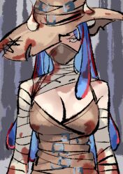 Rule 34 | 1girl, ahoge, alternate costume, bandaged arm, bandages, blood, blood on clothes, blue hair, breasts, brown headwear, brown mask, cleavage, covered mouth, curled horns, dinosaur girl, horns, large breasts, long hair, looking at viewer, mask, mouth mask, multicolored hair, one piece, pink hair, raine (acke2445), solo, streaked hair, ulti (one piece)