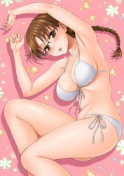 Rule 34 | 1girl, :o, armpits, arms up, bikini, braid, breasts, brown eyes, brown hair, collarbone, drop shadow, front-tie top, glasses, halterneck, hida tatsuo, highres, hoshina tomoko, large breasts, long hair, looking at viewer, low-tied long hair, lying, on side, open mouth, semi-rimless eyewear, shiny skin, side-tie bikini bottom, single braid, solo, stomach, strap gap, swimsuit, thighs, to heart, to heart (series), white bikini