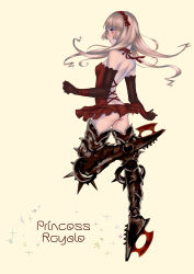 Rule 34 | 1girl, ass, back, blonde hair, blush, boots, bow, breasts, dress, elbow gloves, english text, gloves, hag (hag 015), hair bow, hairband, high heels, highres, lips, long hair, open mouth, original, princess royale, red dress, red eyes, ribbon, shoes, simple background, small breasts, solo, the red shoes, thigh boots, thighhighs, weapon