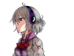 Rule 34 | 1girl, antenna hair, ascot, braid, breasts, brooch, commentary request, dress, french braid, grey jacket, headphones, jacket, jewelry, jiuliu3, kishin sagume, medium breasts, purple dress, red ascot, red eyes, short hair, silver hair, simple background, solo, touhou, upper body, white background, wing collar