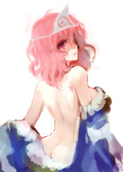 Rule 34 | 1girl, ass, back, back focus, breasts, butt crack, female focus, from behind, hat, looking back, no headwear, nokishita, nude, off shoulder, pink eyes, pink hair, saigyouji yuyuko, short hair, solo, touhou, triangular headpiece, undressing