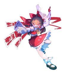 Rule 34 | 1girl, absurdres, ahoge, angry, ascot, black footwear, bobby socks, bow, brown hair, cheri zao, collared vest, commentary, detached sleeves, fang, fighting stance, frilled hair tubes, frilled skirt, frills, full body, hair bow, hair tubes, hakurei reimu, highres, holding, incoming attack, long hair, looking at viewer, mary janes, midriff, navel, ofuda, open mouth, red bow, red eyes, red skirt, red vest, ribbon-trimmed sleeves, ribbon trim, ringed eyes, shoes, simple background, skin fang, skirt, socks, solo, touhou, v-shaped eyebrows, vest, white background, white sleeves, white socks, yellow ascot