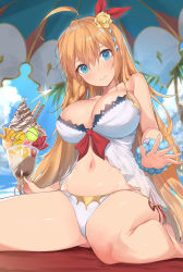 Rule 34 | 1girl, ahoge, babydoll, bare legs, bare shoulders, beach, beach towel, beach umbrella, bikini, blonde hair, blue eyes, blue sky, blurry, blush, breasts, cleavage, collarbone, commentary request, day, depth of field, flower, food, from below, hair between eyes, hair flower, hair ornament, highres, ice cream, large breasts, long hair, looking at viewer, navel, outdoors, palm tree, pecorine (princess connect!), pecorine (summer) (princess connect!), princess connect!, ribbon, rose, sand, sitting, sky, smile, solo, sundae, swimsuit, thighs, tiara, towel, tree, umbrella, very long hair, wariza, water, white bikini, yaman, yellow flower, yellow rose