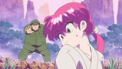 1boy 1girl animated anime_screenshot breasts cleavage collarbone dougi genderswap genderswap_(mtf) highres medium_breasts open_mouth pink_eyes pink_hair ranma-chan ranma_1/2 saotome_ranma sound tagme video water wet