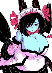 Rule 34 | 1girl, absurdres, bare shoulders, black hair, black wings, blue skin, breasts, bursting breasts, cleavage, colored skin, detached sleeves, dress, highres, huge breasts, kaiten muten-maru, limited palette, monster girl, queen morte, red eyes, short hair, simple background, solo, tongue, tongue out, white background, wings, zyugoya