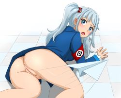 Rule 34 | 1girl, :o, all fours, anus, armband, ass, blue eyes, blue hair, blush, bottomless, breasts, checkered floor, cleft of venus, frilled sleeves, frills, highres, huyase, long hair, long sleeves, looking at viewer, looking back, medium breasts, no panties, open mouth, original, paper airplane, pussy, rkn-chan, solo, uncensored