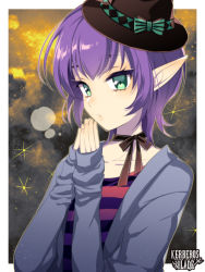 Rule 34 | androgynous, aqua bow, aqua eyes, black hat, black ribbon, bow, breath, cloud, copyright name, elf, gender request, hands up, hat, hat bow, kerberos blade, l (matador), long sleeves, neck ribbon, outdoors, pointy ears, purple hair, ribbon, shirt, short hair, sky, solo, sparkle, striped clothes, striped shirt, upper body, yellow sky