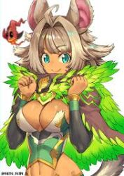 Rule 34 | 1girl, animal ears, arms up, blonde hair, chakeol (p&amp;d), ears, green eyes, looking at viewer, lowres, puzzle &amp; dragons, short hair, smile, tongue