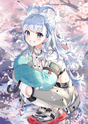 Rule 34 | 1girl, absurdres, antenna hair, blue eyes, blue hair, blue sleeves, blush, cherry blossoms, commentary request, cropped hoodie, day, full body, grey shorts, grin, half updo, hida6 sork, highres, holding, holding umbrella, hololive, hololive indonesia, hood, hoodie, jacket, kneehighs, kobo kanaeru, light blue hair, long hair, long sleeves, looking at viewer, midriff, multicolored hair, outdoors, pants, reflection, ribbed legwear, see-through, see-through jacket, shoes, shorts, signature, sleeves past fingers, sleeves past wrists, smile, sneakers, socks, solo, squatting, tight clothes, tight pants, transparent, transparent umbrella, two-tone hair, umbrella, virtual youtuber, water drop, wavy hair, white hair, white hoodie, white socks, zipper pull tab