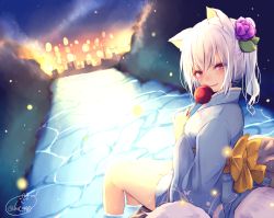 Rule 34 | 1girl, animal ear fluff, animal ears, blue kimono, blurry, blush, candy apple, chita (ketchup), fireflies, flower, food, fox ears, fox girl, fox tail, hair flower, hair ornament, highres, holding, holding food, japanese clothes, kimono, long sleeves, looking at viewer, looking back, night, night sky, obi, original, outdoors, parted lips, red eyes, river, sash, short hair, side ponytail, signature, sitting, sky, smile, soaking feet, solo, star (sky), tail, twitter username, water, white hair, wide sleeves
