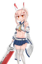 Rule 34 | 1girl, absurdres, ascot, ayanami (azur lane), azur lane, bandaid, bandaid on arm, belt, blue skirt, breasts, commentary request, deaver, detached sleeves, greatsword, groin, hair between eyes, hair ornament, hairclip, headgear, highres, holding, holding sword, holding weapon, knees together feet apart, long hair, looking at viewer, midriff, navel, orange eyes, parted lips, pleated skirt, ponytail, retrofit (azur lane), ribbon-trimmed sleeves, ribbon trim, school uniform, serafuku, sideboob, sidelocks, silver hair, simple background, skirt, solo, sword, thighhighs, underboob, weapon, white thighhighs, wide sleeves, zettai ryouiki