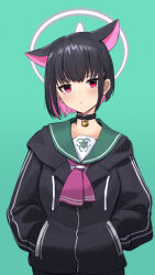 Rule 34 | 1girl, animal ears, black choker, black hair, black jacket, blue archive, blush, cat ears, choker, closed mouth, colored inner hair, commentary, extra ears, green background, green sailor collar, halo, hands in pockets, highres, hood, hooded jacket, jacket, kazusa (blue archive), long sleeves, looking at viewer, multicolored hair, pink hair, pink halo, ranyu, red eyes, revision, sailor collar, short hair, simple background, solo, symbol-only commentary, upper body
