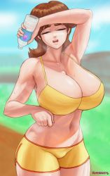 Rule 34 | 1girl, arm up, armpits, bottle, bra, breasts, brown hair, cleavage, closed eyes, highres, huge breasts, mario (series), midriff, navel, nintendo, open mouth, princess daisy, short hair, shorts, solo, super mario land, superbusty, sweat, thick thighs, thighs, underwear, water bottle