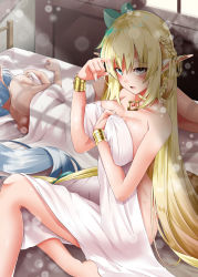 Rule 34 | 2girls, arm up, bangle, bed, bed sheet, blonde hair, blue eyes, blue hair, blush, bow, bracelet, braid, breasts, collarbone, commentary request, day, ear covers, elf, fingernails, green bow, green eyes, hair between eyes, hair bow, head tilt, heterochromia, indoors, jewelry, large breasts, light particles, long hair, looking at viewer, lying, multiple girls, naked sheet, on bed, on side, original, parted lips, pillow, pointy ears, shirosuzu, sitting, solo focus, sunlight, very long hair, window