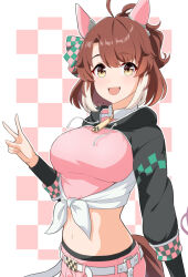 Rule 34 | 1girl, :d, ahoge, animal ears, breasts, brown hair, checkered background, dantsu flame (umamusume), ear covers, from side, highres, horse ears, horse girl, large breasts, looking at viewer, midriff, navel, open mouth, pink shorts, shiromaru illust, shirt, shorts, simple background, smile, solo, tied shirt, umamusume, v, yellow eyes