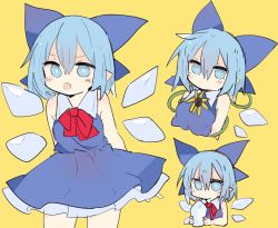 Rule 34 | 1girl, 76gpo, blue bow, blue dress, blue eyes, blue hair, bow, bright pupils, cirno, closed mouth, dress, flower, hair bow, ice, ice wings, looking at viewer, multiple views, open mouth, red neckwear, short hair, simple background, sunflower, touhou, white pupils, wings, yellow background