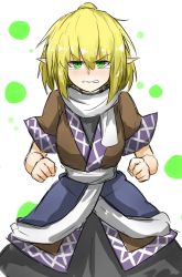 Rule 34 | &gt;:(, 1girl, arm warmers, bad id, bad nicoseiga id, blonde hair, blush, clenched hands, cowboy shot, frown, green eyes, kankan33333, looking at viewer, mizuhashi parsee, nose blush, parted lips, pointy ears, sash, scarf, short hair, short sleeves, solo, tears, touhou, undershirt, v-shaped eyebrows, white scarf