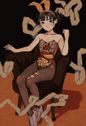 Rule 34 | 1girl, anatomy, animal ears, bare arms, bare shoulders, black background, black eyes, black hair, black pantyhose, bladder, breasts, brown headband, chair, clenched hand, closed mouth, collarbone, commentary, couch, double bun, easy chair, english commentary, fake animal ears, floor, hair bun, hands up, headband, heart (organ), highleg, highres, horror (theme), intestines, io (onisarashi), leotard, light smile, liver, looking at viewer, lungs, messy hair, mole, mole under eye, multiple moles, on chair, organs, original, pantyhose, playboy bunny, rabbit ears, shadow, shoes, short hair, sitting, skindentation, small breasts, sneakers, solo, stomach (organ), strapless, torn clothes, torn pantyhose, white footwear
