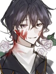 Rule 34 | 1boy, black hair, blood, blood on clothes, blood on face, chinese commentary, commentary request, dgjbtytdw, flower, hair between eyes, highres, male focus, pale skin, portrait, purple eyes, rose, saibou shinkyoku, shirt, simple background, sketch, smile, solo, utsugi noriyuki, white background, white flower, white rose, white shirt