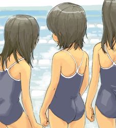 Rule 34 | 3girls, ass, beach, black hair, child, flat chest, from behind, kikurage (crayon arts), multiple girls, outdoors, swimsuit