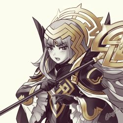 Rule 34 | 1girl, armor, black armor, black gloves, crown, fire emblem, fire emblem heroes, gloves, grey hair, hair ornament, holding, holding staff, kaijuicery, long hair, long sleeves, nintendo, open mouth, shoulder armor, simple background, solo, staff, tsundere, twitter username, veronica (fire emblem), white background