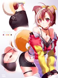Rule 34 | 1girl, animal ears, between breasts, breasts, brown hair, cleavage, collar, dog ears, dog tail, highres, jacket, jewelry, lili mdoki, looking at viewer, medium breasts, midriff, multicolored hair, multiple views, off shoulder, original, pencil skirt, pendant, red eyes, short hair, skirt, sleeves past wrists, smile, star-shaped pupils, star (symbol), symbol-shaped pupils, tail, thigh strap
