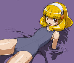 Rule 34 | 10s, 1girl, :d, bikini, blonde hair, blue one-piece swimsuit, hairband, kise yayoi, looking at viewer, lying, on back, one-piece swimsuit, open mouth, partially submerged, precure, purple background, rohitsuka, short hair, simple background, sketch, smile, smile precure!, solo, swimsuit, water, white hairband, yellow eyes