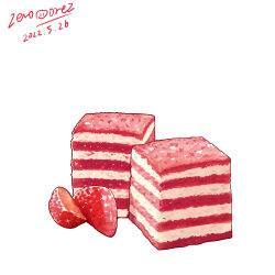 Rule 34 | absurdres, artist name, cake, commentary, dated, english commentary, food, food focus, fruit, highres, layer cake, no humans, original, realistic, signature, simple background, sparkle, still life, strawberry, strawberry cake, white background, zeroorez