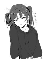 Rule 34 | 1girl, alp, closed mouth, collarbone, greyscale, highres, hood, hoodie, kazuno leah, long sleeves, looking at viewer, love live!, love live! sunshine!!, monochrome, simple background, solo, translation request, twintails, upper body, white background